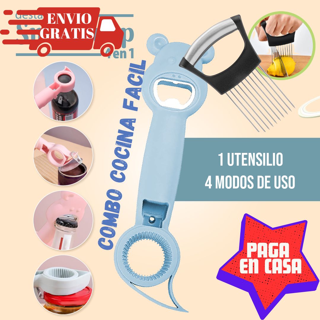 !COMBO! COCINA FACIL "Destapador 4 en 1, Soporte para rebanadas"