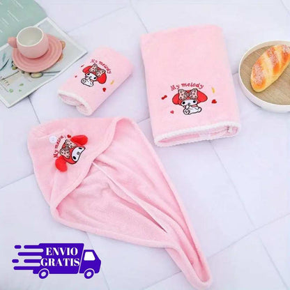 Set de toallas x 3 Kuromi o My Melody, "Manos, Cuerpo y gorro Cabello" perfectas para todas las niñas.