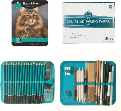 Kit de dibujo a Lapiz caja metalica  x 36 piezas+ libreta